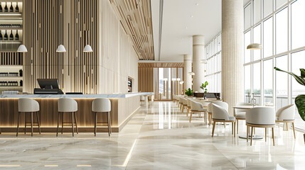 Light wooden and marble tile floor interior of modern cafe with double ceiling height Lobby bar in luxury design hotel hall with second split level : Generative AI