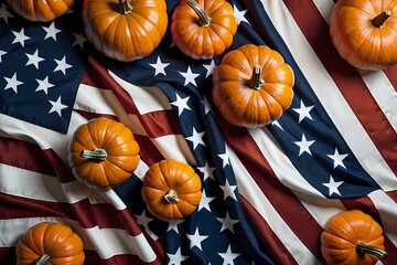 Halloween pumpkins on American flag top view background