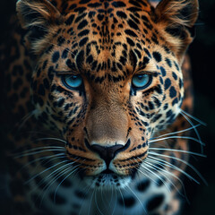 Fototapeta premium Blue eyes leopard portrait looking straight at the camera for wall paper, wall art or poster generative Ai