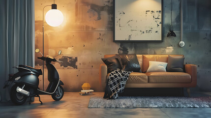 Loft style interior in house with modern living room bath in bathroom comfortable couch pillows on leather armchair painting on wall and scooter on concrete floor with skin carpet : Generative AI