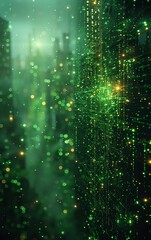 Futuristic quantum lab, neon green and white lighting, close up on a quantum computer, vivid colors, Double exposure silhouette with a molecular structure
