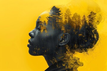 Quantum algorithm visualization, bright yellow and grey, close up on computational flow, vivid colors, Double exposure silhouette with a logic circuit