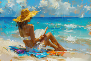A woman sitting on a beach, reading a book with the ocean in the background, enjoying a sunny day.