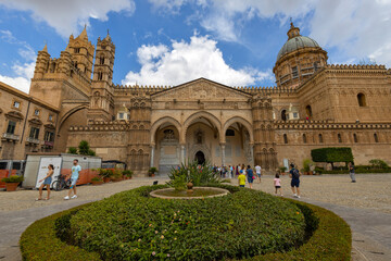 PALERMO, ITALY, JUNE 15, 2023 - View of Palermo Cathedral or Duomo dedicated to the Holy Virgin Mary of the Assumption in the historic center of Palermo, Italy