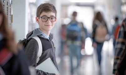 Fototapeta premium Confident young student with glasses and a backpack smiling in a busy school corridor.
