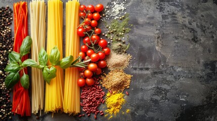 Vibrant flat lay of various pasta types with fresh tomatoes, basil, spices, and legumes on a rustic surface.