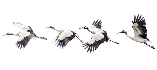 3 flying Japanese cranes, side view, white background, realistic photography, in the style of stock photo