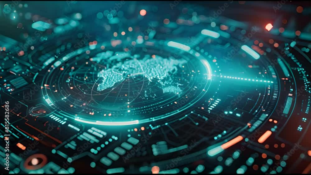 Poster 3D rendering circle head up display with map graph bar element for futuristic cyber technology concept with dark and grainy effects