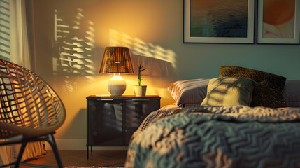 Creative composition of warm bedroom interior with cozy bed bedding black sideboard rattan armchair paintings Template Home decor : Generative AI