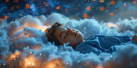 A serene and whimsical image of a young boy sleeping peacefully among soft clouds under a starry night sky.