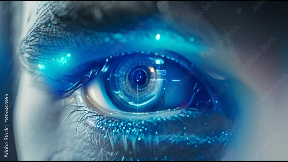 Poster male eye with holographic hud interface. artificial intelligence, augmented reality.