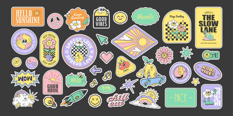 groovy 90s stickers, collection of stickers in retro style, vector illustration