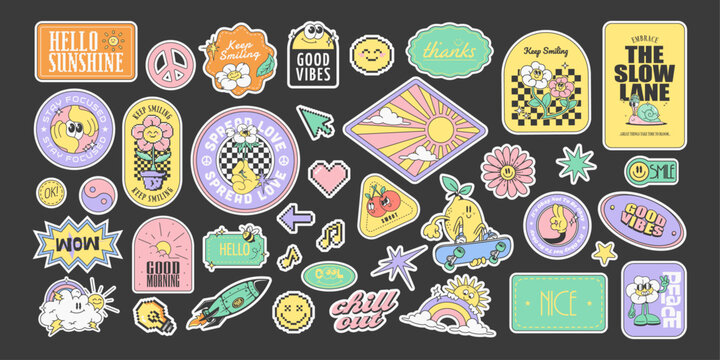 groovy 90s stickers, collection of stickers in retro style, vector illustration