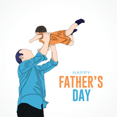 Happy father's day with dad and child hand drawn illustration, Happy father's day one line illustration