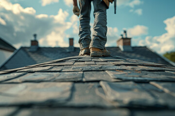 Roof repair photograph of a person replacing shingles on their house roof, focus on, maintenance theme, realistic, Silhouette, suburban home