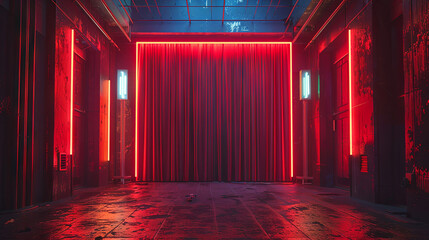 Theater red curtain and neon lamp