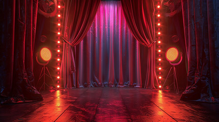 Theater red curtain and neon lamp