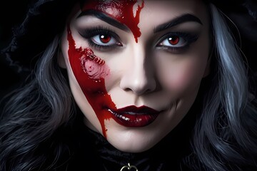 Portrait of a vampire woman with red lips, Closeup of face, Halloween
