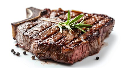 Close-up of a T-bone steak, highlighting the T-shaped bone with richly flavored strip steak and tender tenderloin, isolated for advertising clarity