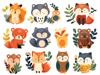 Fototapeta premium A collection of whimsical animal illustrations in sticker form, including foxes, owls, and bears, with vibrant colors and fun expressions, white background for removing background