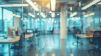 Obraz premium Modern office interior with a blurred background of a bright, spacious and modern open space