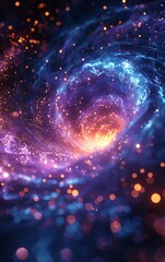 Quantum entanglement illustration, purple and blue hues, close up on entangled particles, vivid colors, Double exposure silhouette with a cosmic nebula