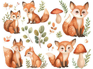Naklejka premium A collection of whimsical animal illustrations in sticker form, including foxes, owls, and bears, with vibrant colors and fun expressions, white background for removing background