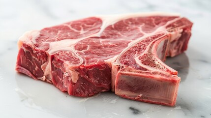 Fototapeta premium Close-up of a raw Porterhouse steak showcasing the unique marbling and texture, set on an isolated background for clear advertising focus