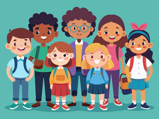 Smiling school children with backpacks and books isolated vector illustration. Cute children of various nationalities.