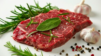 Close-up of a raw Flat Iron steak, emphasizing its rich marbling and fresh texture, ideal for advertising culinary excellence, isolated background