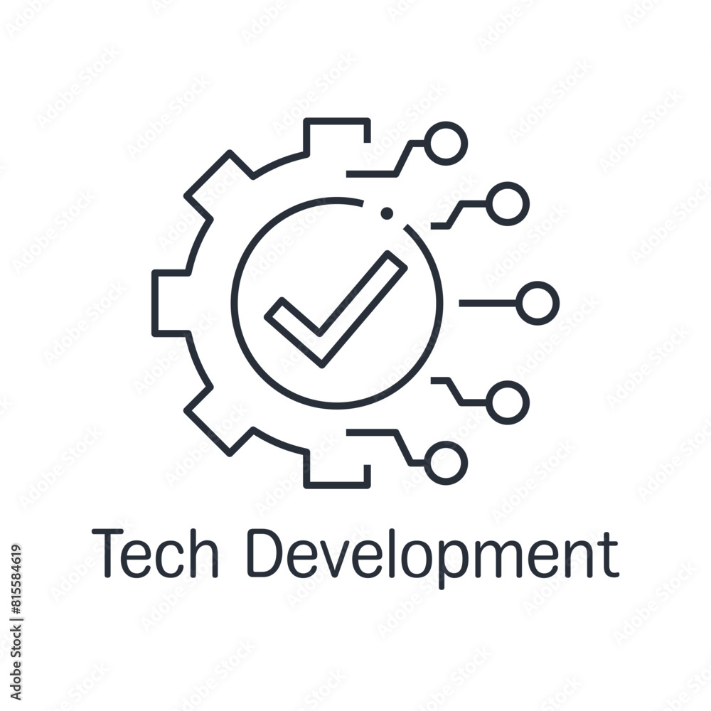 Poster technology development, cogwheel and check mark, innovation concept, system integration, software bu