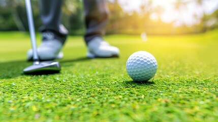 Intense focus  golfer s eyes aligning putt at green   summer olympic sport visual