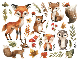 A collection of whimsical animal illustrations in sticker form, including foxes, owls, and bears, with vibrant colors and fun expressions, white background for removing background