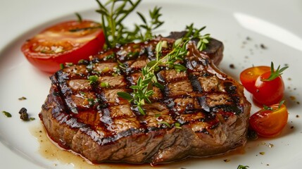 Close-up of a premium pig steak, artistically decorated on a plate, showcasing succulent texture and color, isolated for advertising clarity