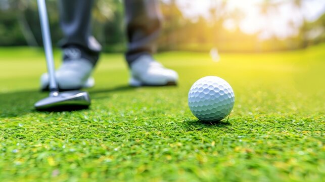 Intense focus  golfer s eyes aligning putt at green   summer olympic sport visual - Powered by Adobe