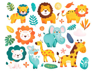 An array of cartoon-style animal stickers including lions, tigers, elephants, and giraffes, designed with vibrant colors and adorable expressions, ideal for kids' crafts, white background for