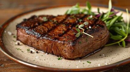 Close-up of a premium goat steak on a decorative plate, showcasing succulent textures and garnishes, isolated background, studio lighting