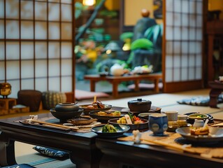 A traditional Japanese inn ryokan dinner setting with multiple small dishes beautifully arranged on a low table