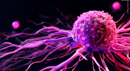 Obraz premium Microscopic view of a cancer cell with dynamic pink tentacles, medical illustration concept.