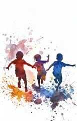 Little kids playing and dancing, cute cartoon watercolor illustration