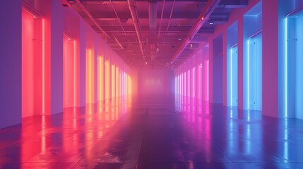 3D neon light installation in a fashion museum, side view, Illuminated style, technology tone, Complementary Color Scheme