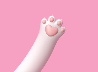 White cat paw with heart isolated on pink background. Clipping path included