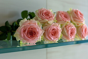 An arrangement of delicate pink roses on a sleek, modern glass shelf, enhancing the elegance of a minimalist living room.
