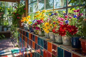 An array of wildflowers on a colorful ceramic tiled shelf, adding charm and vibrancy to a sunlit garden room.