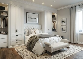 Interior of a bedroom with white bed and white chest of drawers. Stylish wardrobe with clothes in modern room