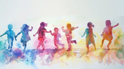 Naklejka premium Little kids playing and dancing, cute cartoon watercolor illustration
