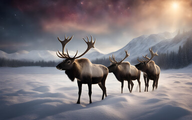 Caribou herd migrating across a snowy Arctic landscape, the northern lights illuminating the sky