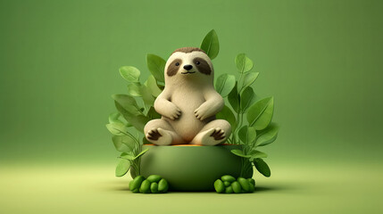Naklejka premium A charming illustration of a sloth comfortably sitting in a green plant pot surrounded by lush leaves on a green background.