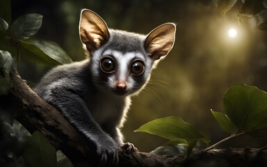 Bright-eyed bushbaby in a night scene, moonlight casting eerie glows. Exotic and mysterious nocturnal wildlife