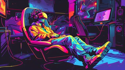 Esports Gamer Relaxing in Futuristic Synthwave Gaming Lounge with Neon Colors and Surreal Digital Elements